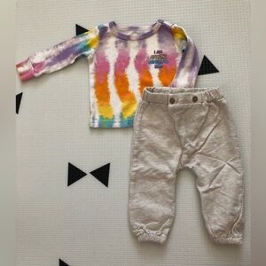 Rabbit Bear|Mixed brand gender neutral baby outfit,tan joggers & tie dye tee•••